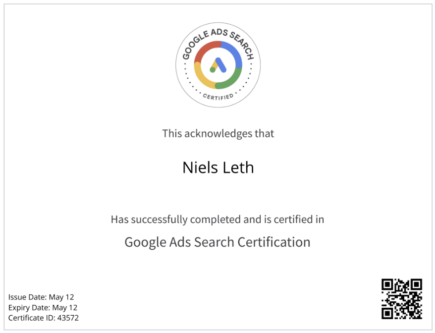 Niels Leth Google Ads Search Certification