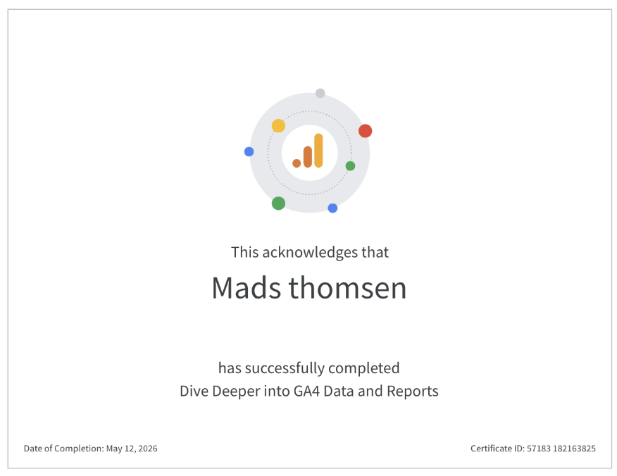 Mads Thomsen GA4 Data and Reports Certificate