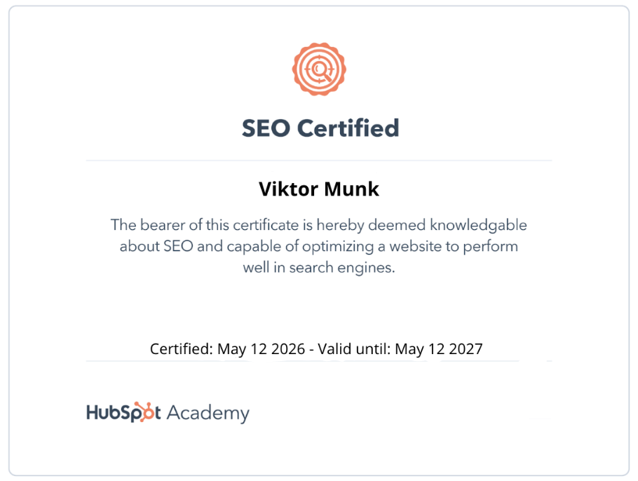 Viktor Munk SEO Certified HubSpot Academy
